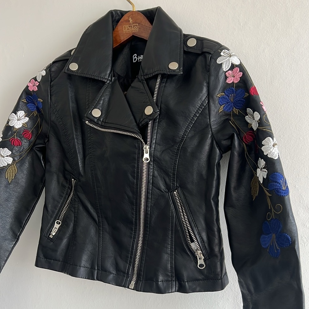 Fall Girls Black Faux Leather Motorcycle Biker Slim Embroidered Jacket Size 10